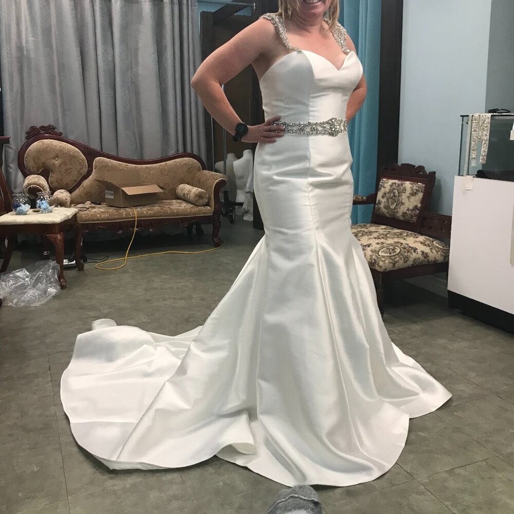 SAMPLE Mikado Wedding Dress, Ivory Mermaid Fit and Flare Sexy, BLING straps